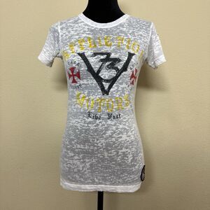 Affliction shirt women medium motors event sheer short sleeve crystals white